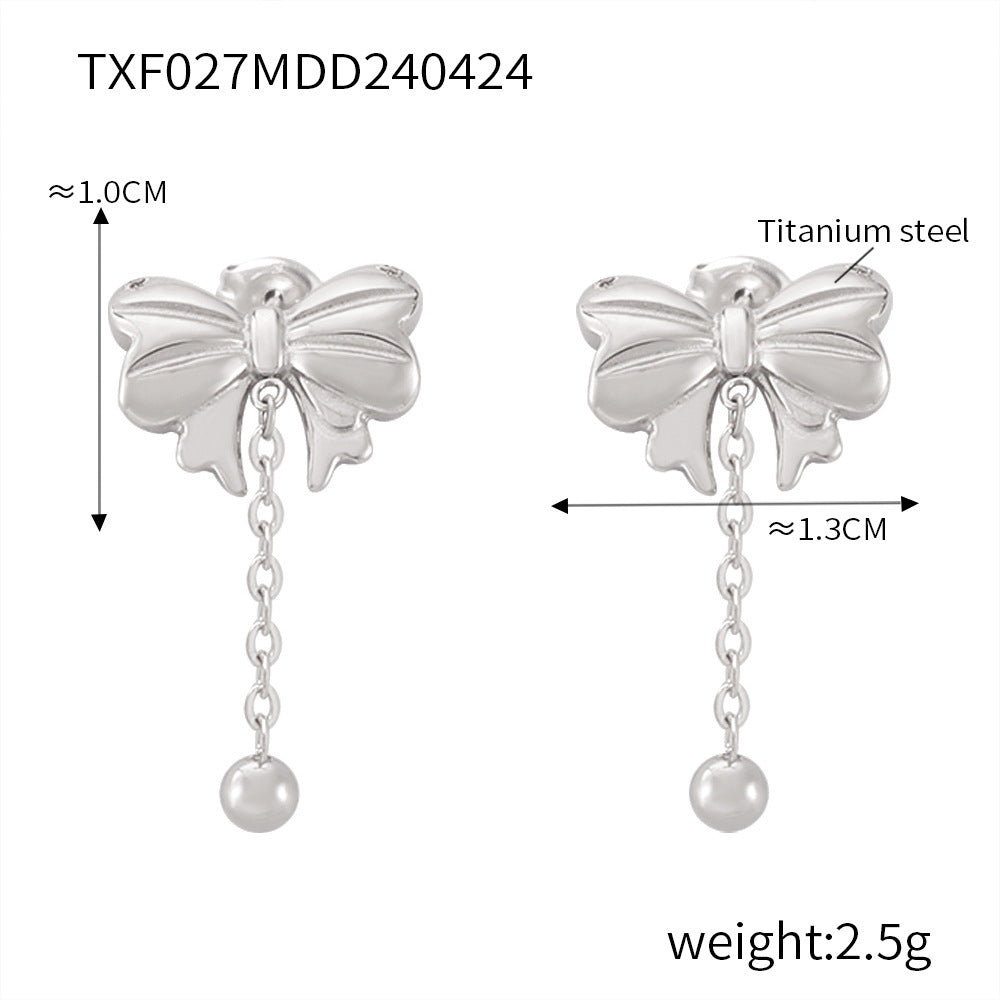 B廠-歐美跨境蝴蝶結簡約個性項鍊女愛心長款流蘇吊墜鈦鋼耳環套裝批發「P027-F027」24.05-1