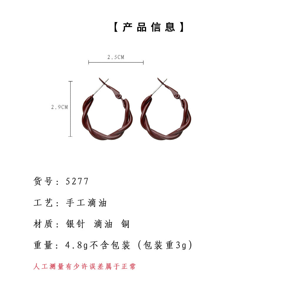 A廠-文藝復古烤漆質感酒紅麻花耳環圓圈幾何圓形耳飾工廠耳圈飾品「5277」24.12-2