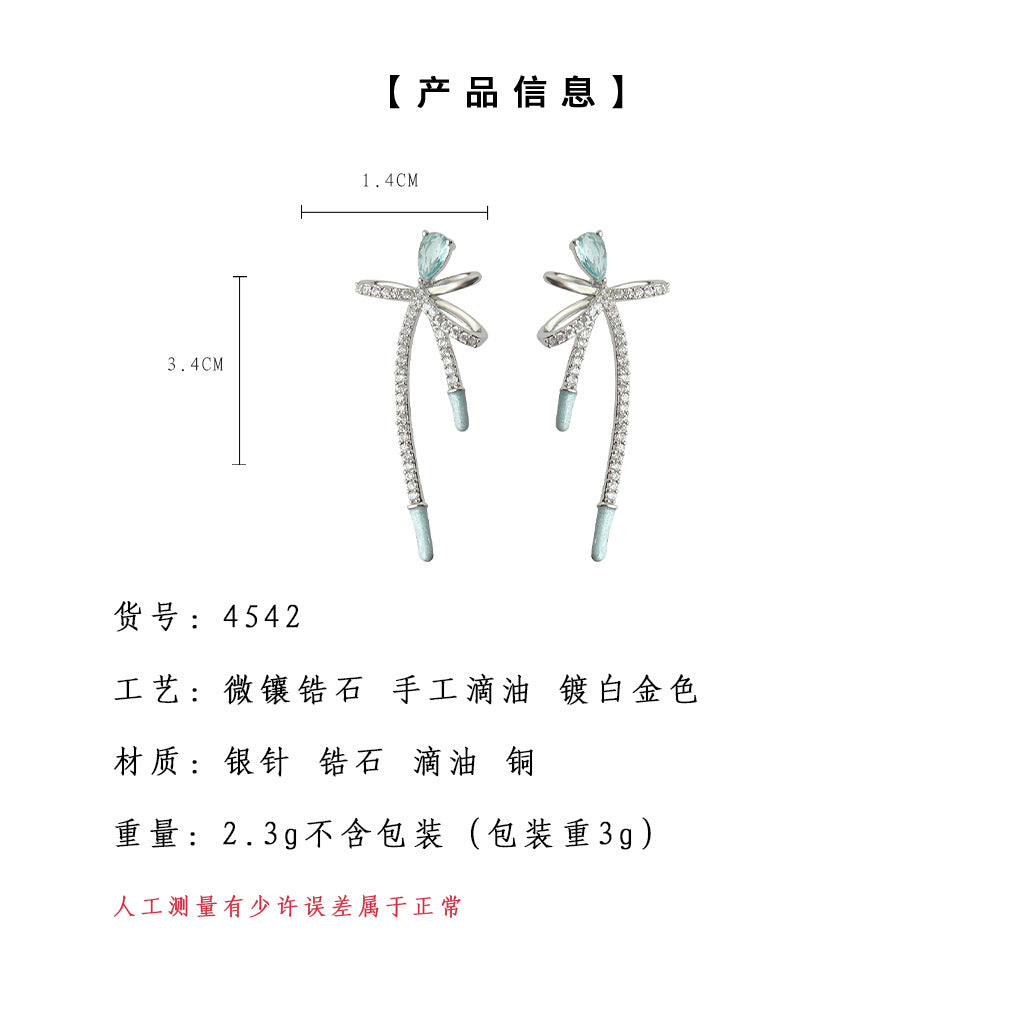 A廠-【原創設計】淺海藍微鑲鋯石長款蝴蝶結耳環氣質優雅清新甜美耳飾「4542」24.07-4