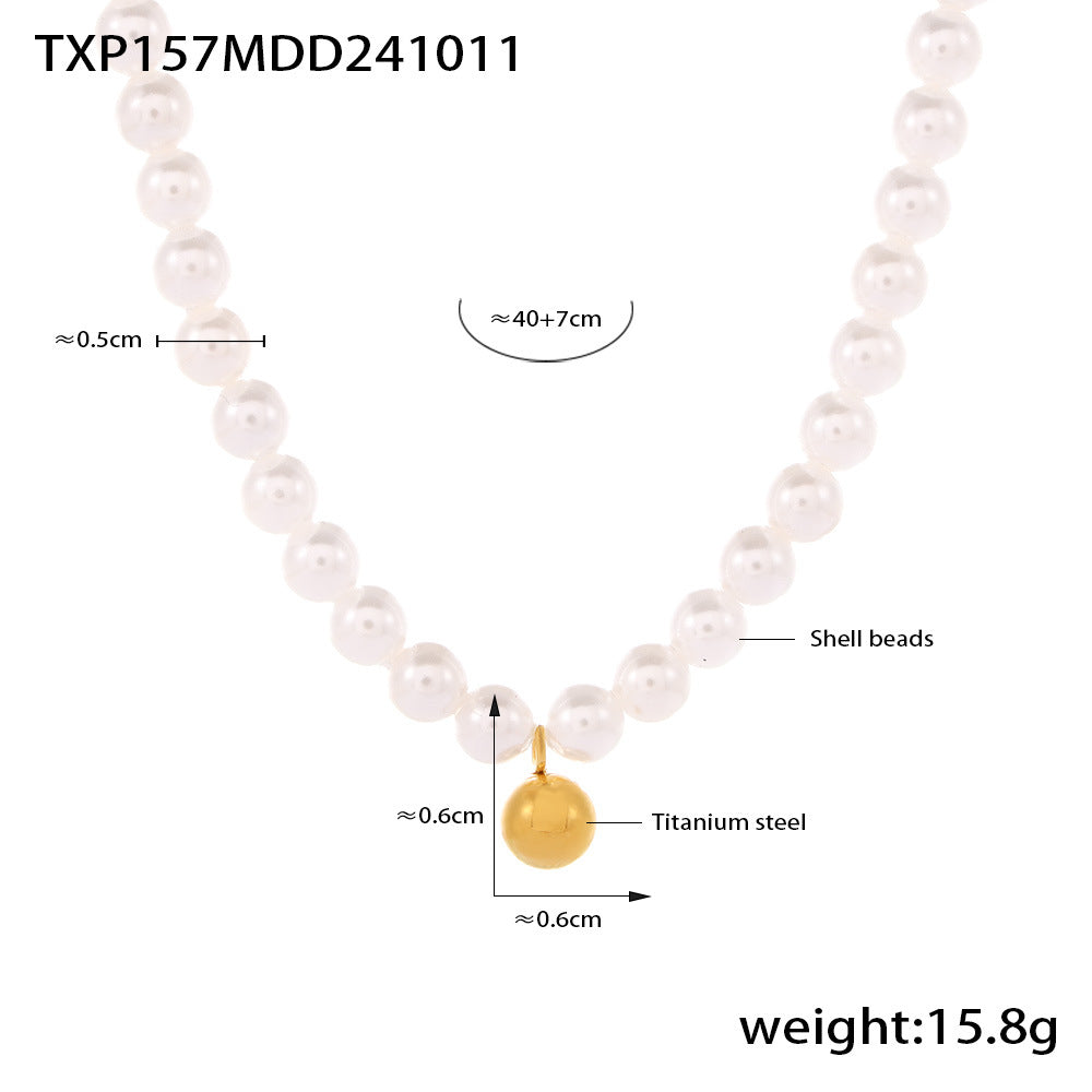 B廠-巴洛克貝珠項鍊手鍊女輕奢小圓球鈦鋼吊墜choker甜美套裝「TXP157-TXE157」24.10-3