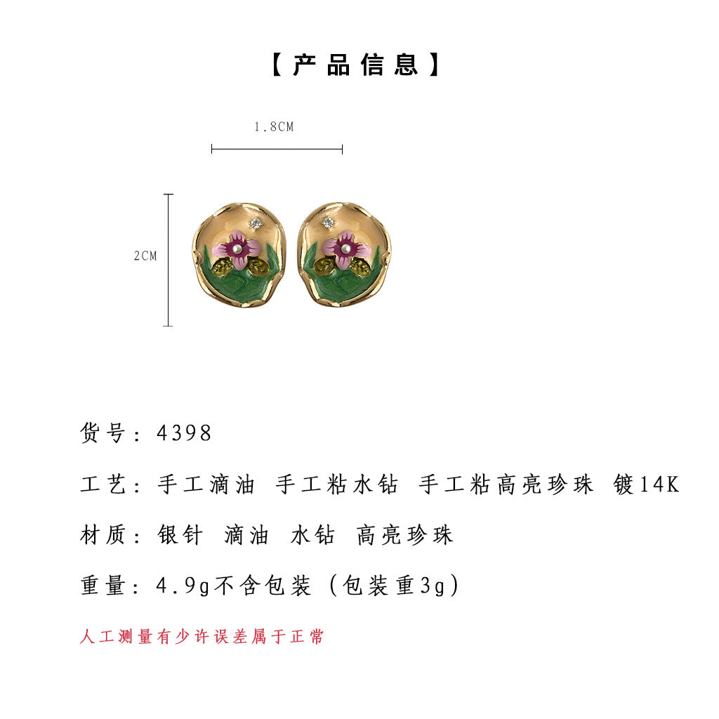 A廠-新中式復古宮廷鍍14K琺瑯滴釉彩繪花朵耳環氣質優雅新款耳飾貨源工廠批發「4398」24.06-4