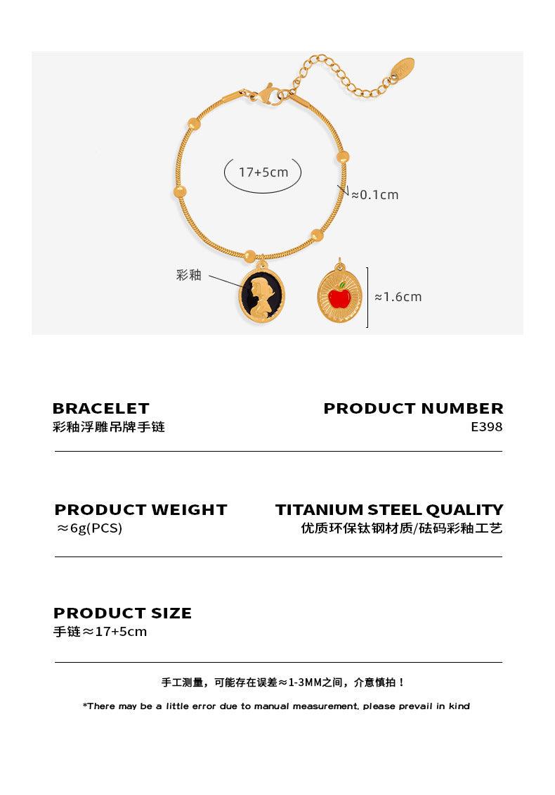 B廠-人像浮雕橢圓吊墜手鍊彩釉琺瑯圓蛇鏈鈦鋼18k金不掉色小眾鍊子女「E298」23.11-4 - 安蘋飾品批發