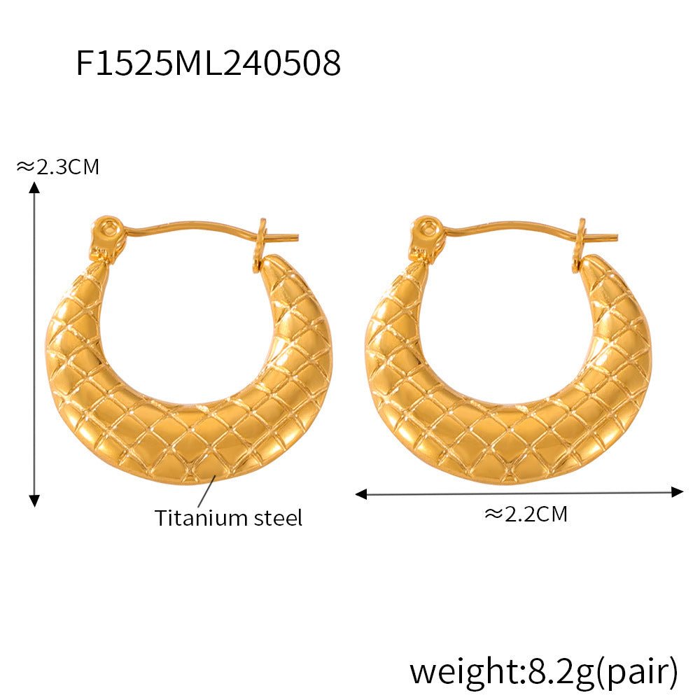 B廠-法式小香風菱格紋百搭C型鈦鋼鍍18k金耳環氣質小眾簡約潮流款耳飾「F1525-26」24.05-3