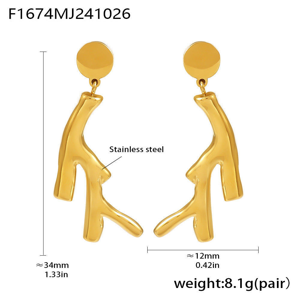 B廠-生命樹枝不鏽鋼PVD鍍真金不規則耳釘耳環耳墜保色跨境「F1670-F1674」24.11-1