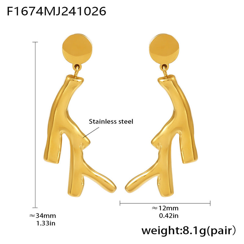B廠-生命樹枝不鏽鋼PVD鍍真金不規則耳釘耳環耳墜保色跨境「F1670-F1674」24.11-1