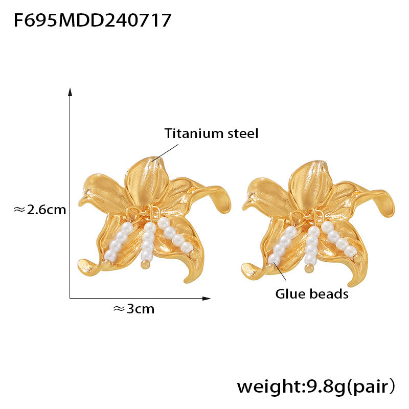 B廠-赫本風小眾設計立體褶皺花朵流蘇仿珍珠耳釘鈦鋼鍍18k金氣質耳飾「F695」24.07-4