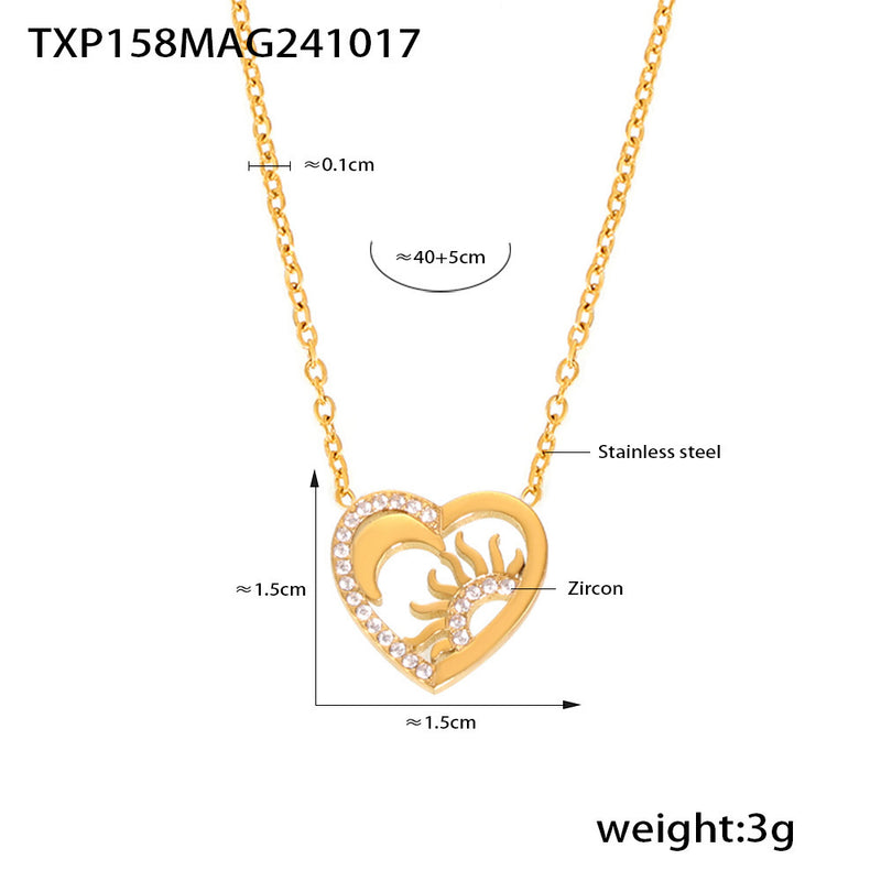 B廠-太陽月亮心形鋯石吊墜質感項鍊手鍊套裝不鏽鋼不褪色飾品女「TXP158-TXE158」24.10-4