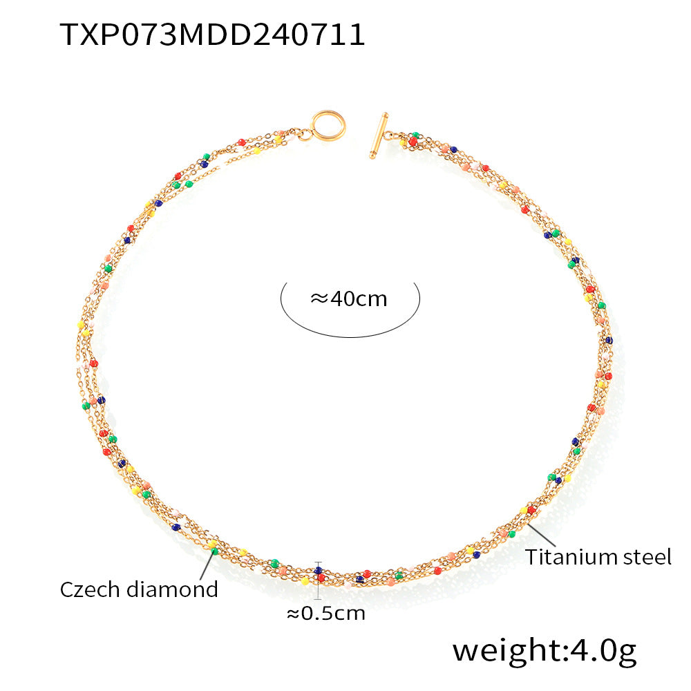 B廠-跨境新款多彩滴油圓珠金色多層手鍊項鍊套裝鈦鋼鍍金民族風情飾品「TXP073-TXE073」24.07-3
