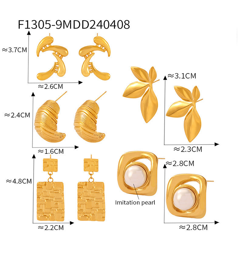 B廠-歐美幾何仿珍珠紋理鈦鋼鑄造耳環飾品百搭新款鍍18k真金保色套裝「F1305-9」24.04-2