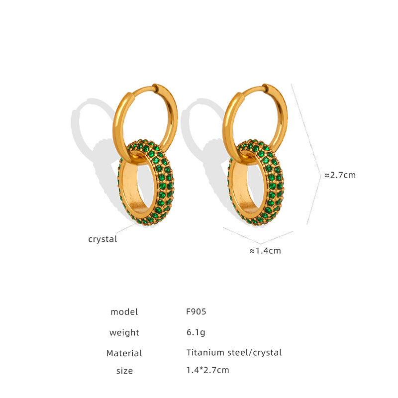B廠-歐美小眾設計感U形麻花綠水鑽點綴氣質耳環不鏽鋼鍍金時尚耳扣女「F900-7」23.07-2 - 安蘋飾品批發