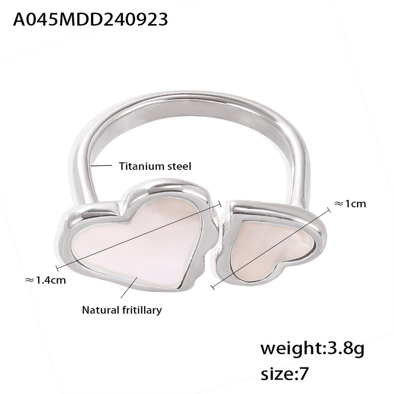 B廠-歐美ins風心心相印天然貝母開口戒指鈦鋼材質小眾唯美食指戒rings「A045」24.09-4