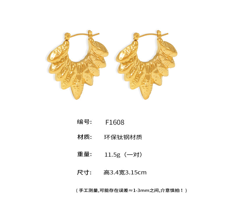 B廠-歐美樹葉造型空心耳環跨境新款鈦鋼18K Gold Plated  PVD氣質耳飾「F1608」24.08-5