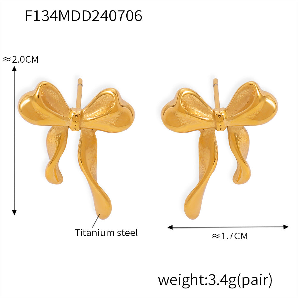 B廠-韓版輕奢風蝴蝶結耳環耳釘小眾線條設計感氣質不鏽鋼鍍真金「F134」24.12-4
