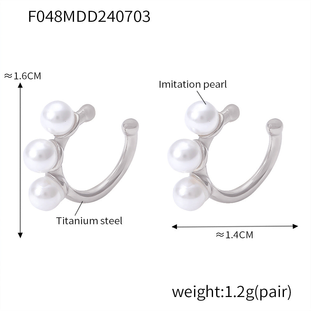 B廠-歐美跨境熱銷三顆珍珠C形耳夾鈦鋼鍍18K金小眾氣質耳骨夾耳圈女「F048」24.07-2