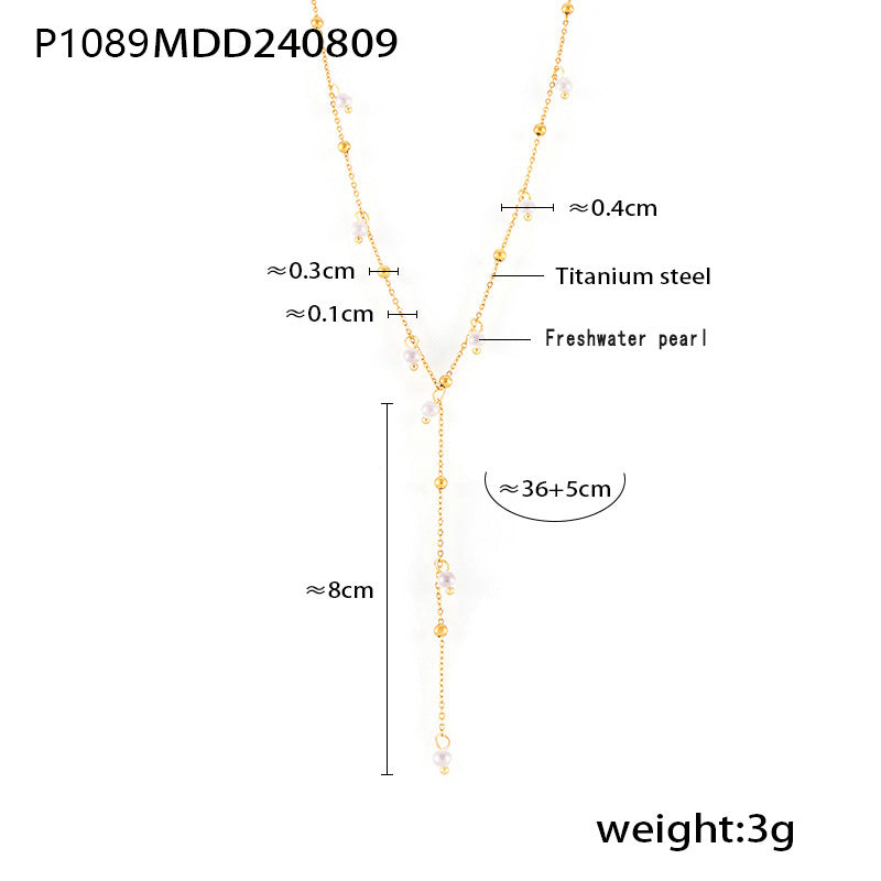 B廠-跨境時尚流蘇項飾淡水珍珠吊墜項鍊氣質簡約甜美風鍍18k金鈦鋼飾「P1089」24.08-3