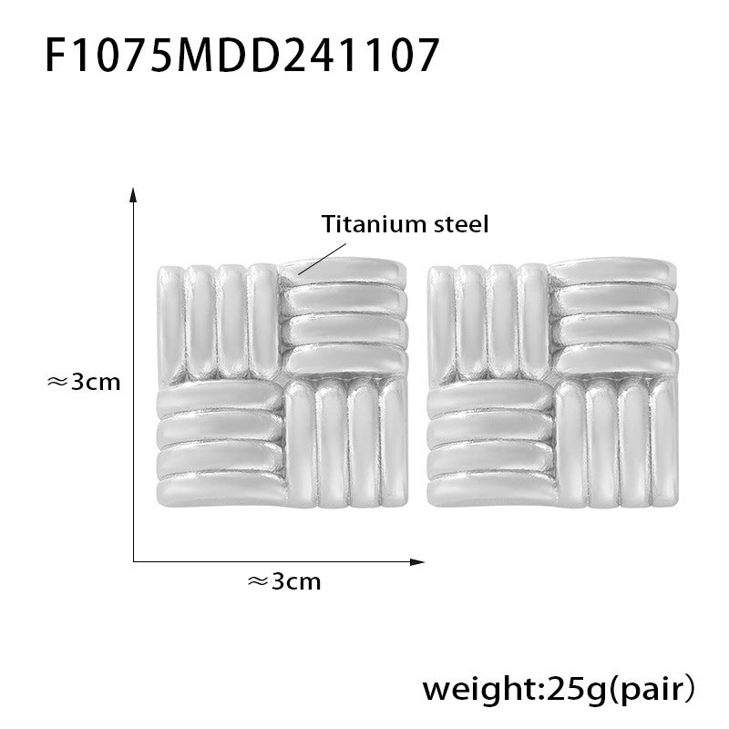 B廠-跨境歐美時尚個性方形斜條紋理不鏽鋼鍍金耳釘耳飾組合批發「F1274」24.11-3