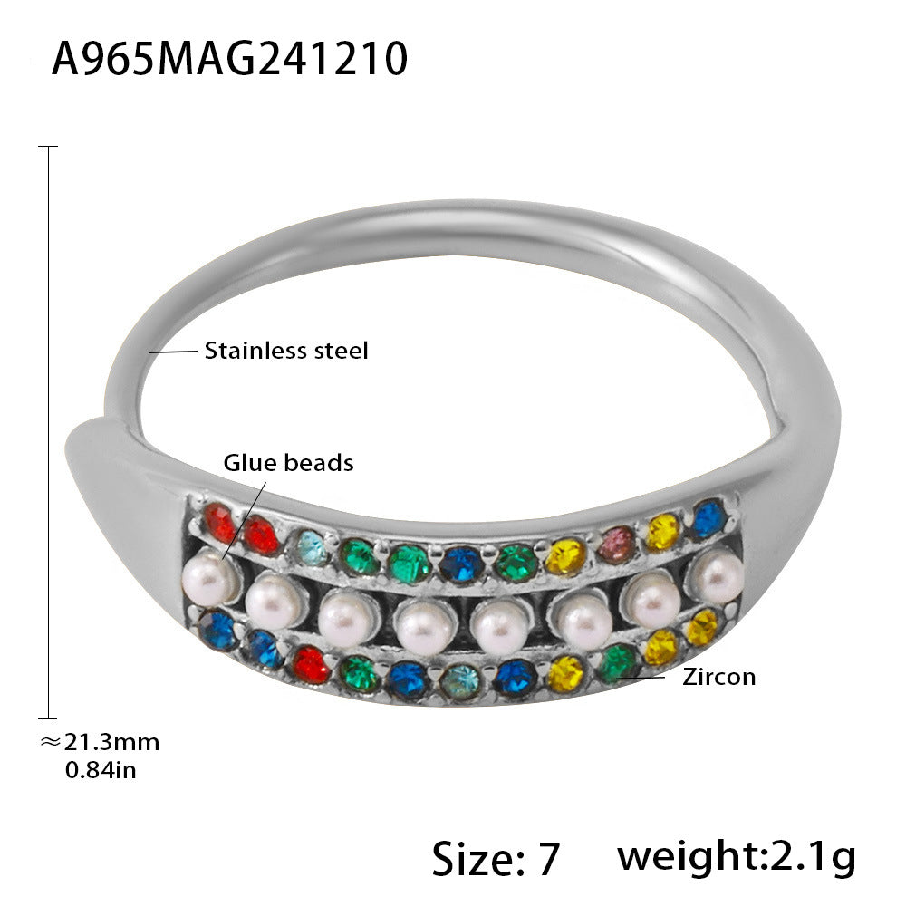 B廠-可調節精緻小巧貝珠彩色鋯石側面開口食指戒尾戒不鏽鋼指環「A965」24.12-2