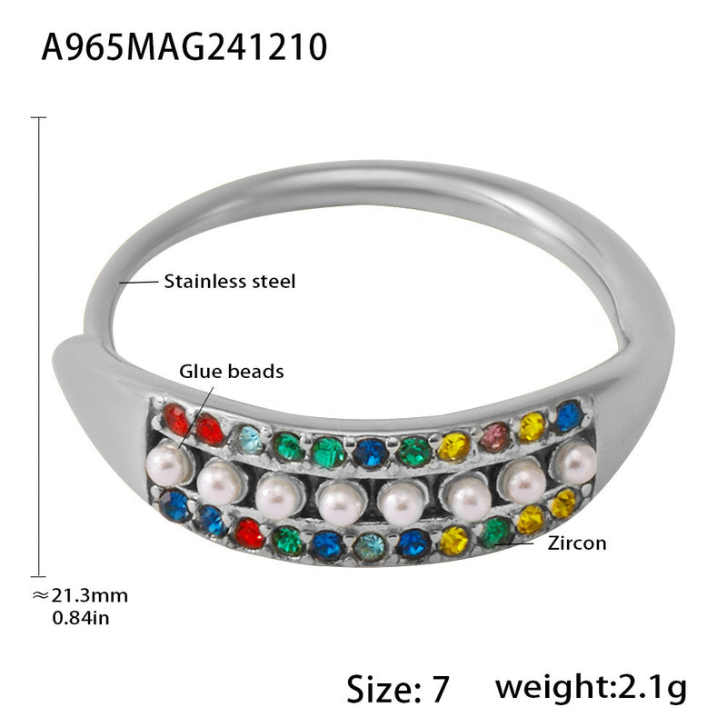 B廠-可調節精緻小巧貝珠彩色鋯石側面開口食指戒尾戒不鏽鋼指環「A965」24.12-2