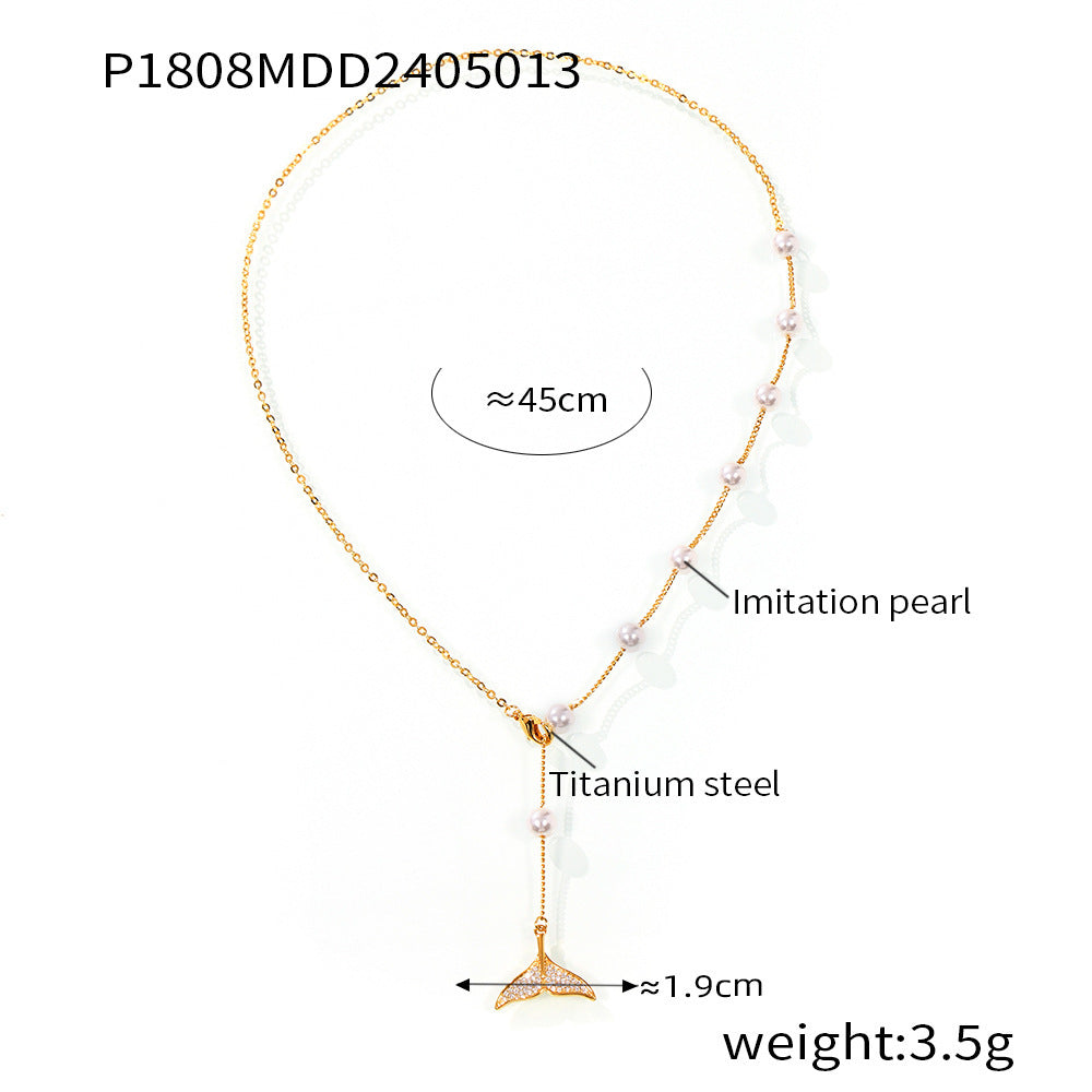 B廠-夏季貝珠頸鏈2024年新款輕奢小眾鎖骨鏈ins設計鑲鑽魚尾鈦鋼項鍊「P1808」24.05-3