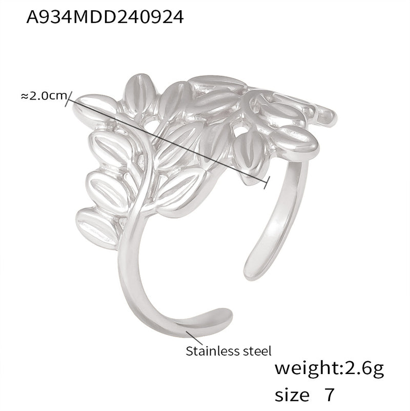 B廠-歐美氣質樹葉拼接戒指 時尚優雅鏤空線條不鏽鋼鍍18k金開口指環「A934」24.10-1