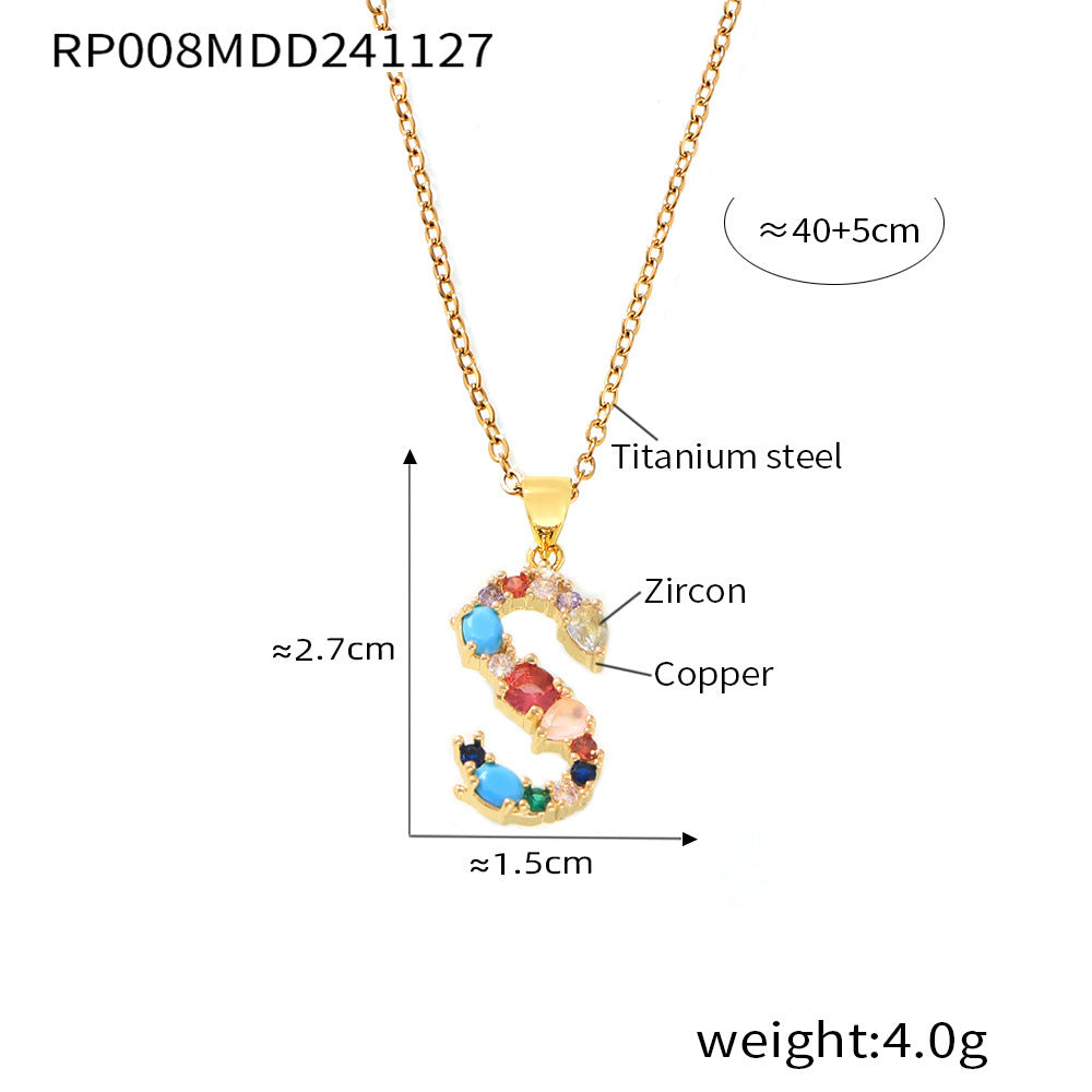 B廠-歐美跨境銅微鑲彩色鋯石26個英文字母個性吊墜小眾嘻哈鎖骨鏈現貨「RP008」24.12-2