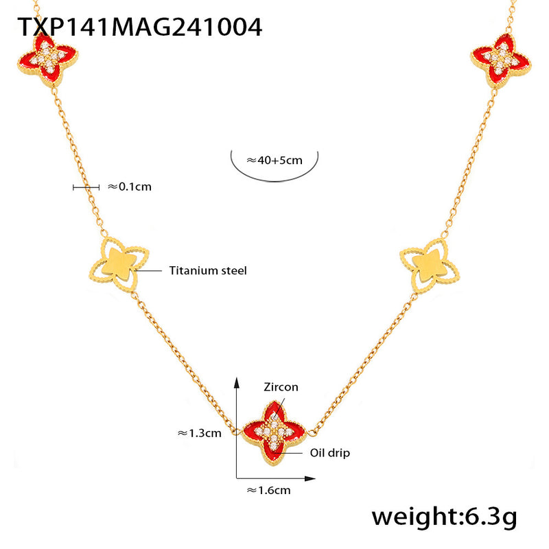 B廠-歐美跨境滴油四葉花鋯石滿鑽手鍊項鍊小眾設計女生款閨蜜鈦鋼套裝「TXP141-TXE141」24.10-2