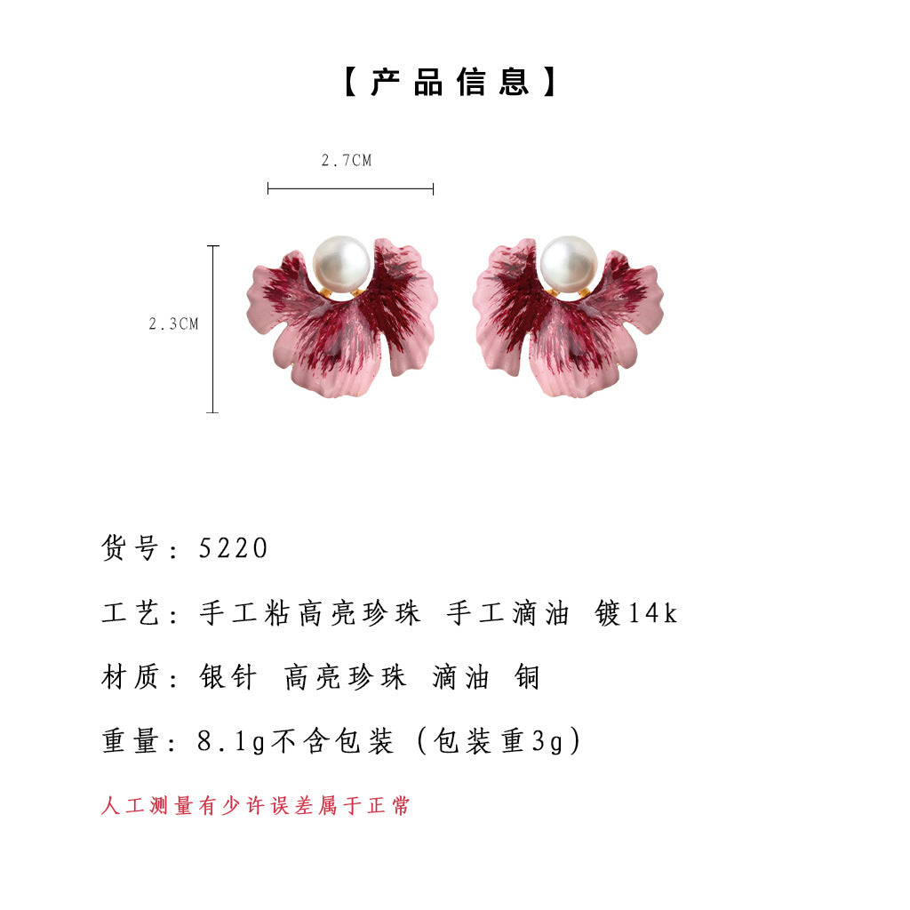 A廠-清新甜美925銀針鍍14K手工彩繪漸變色花朵耳飾女新款工廠耳環飾品「5220」24.11-5