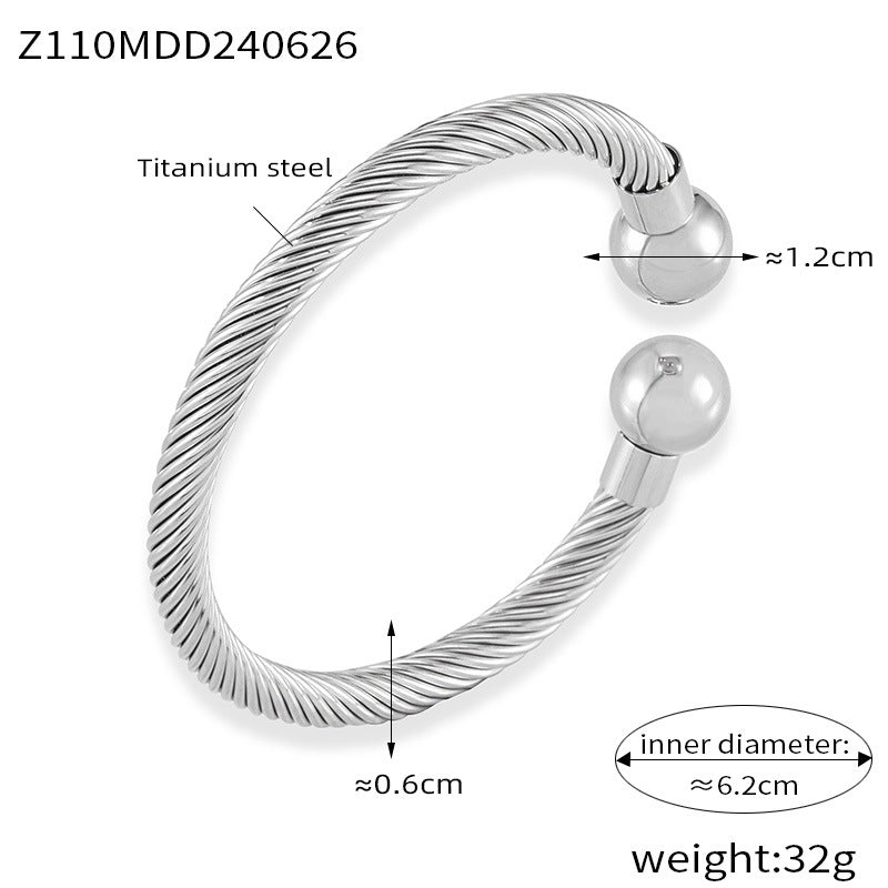 B廠-法式熱銷復古開口金圓珠麻花手環開口可調節簡約手鐲鈦鋼鍍18K金「Z110」24.07-1