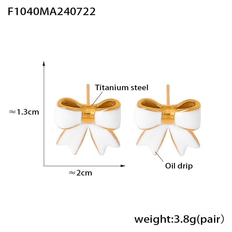 B廠-歐美風新款蝴蝶結滴油耳釘小眾甜美設計鈦鋼鍍18k金小香風耳飾女「F1040」24.07-4