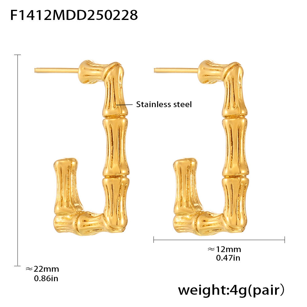 B廠-U型竹節長方形歐美風耳環不鏽鋼鍍18K真金不掉色耳釘耳飾「F1412」25.03-1