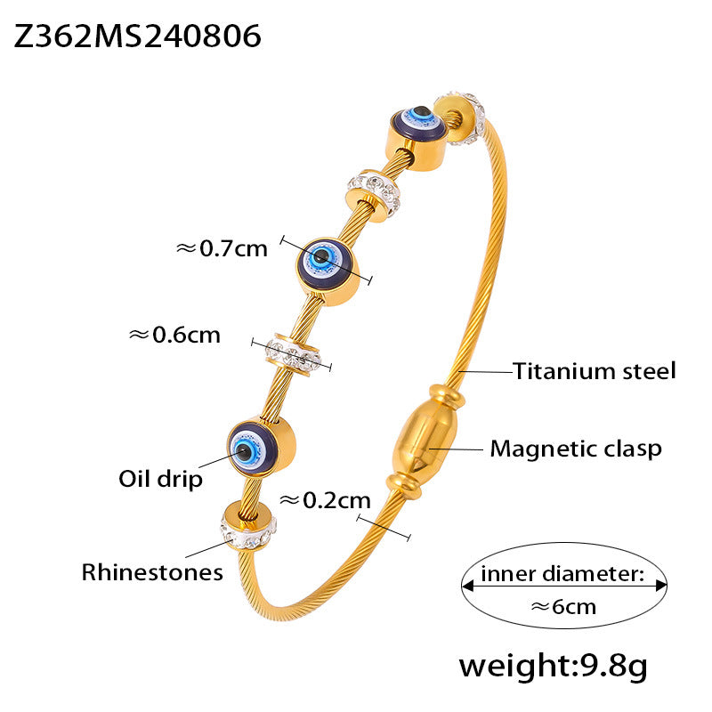 B廠-歐美跨境惡魔之眼滴油復古輕奢手環鑲鑽鈦鋼鍍18k真金吸鐵石手鐲「Z362」24.08-3