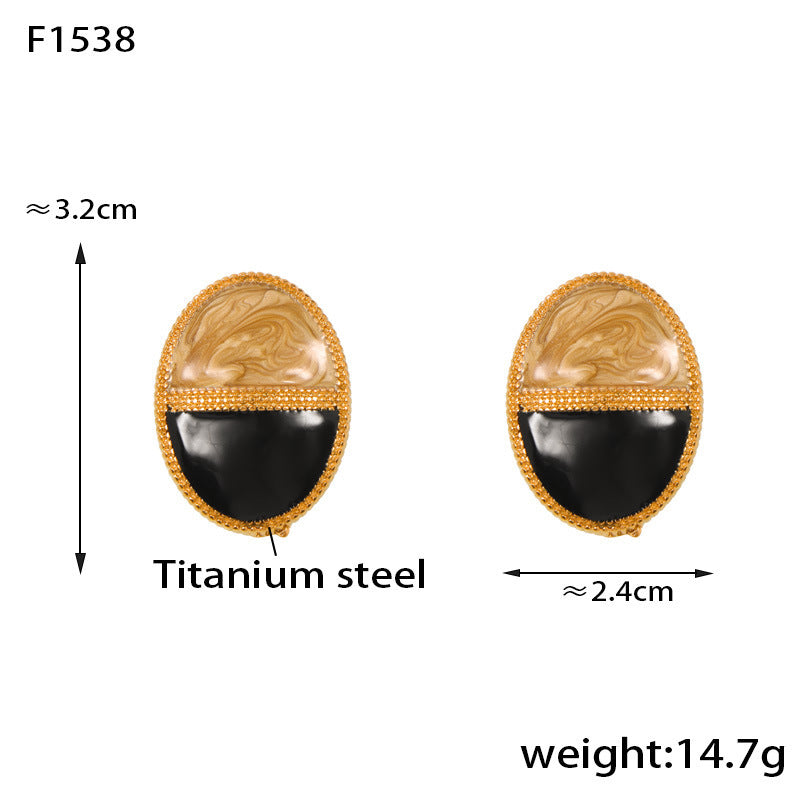 B廠-歐美鍍18k金鈕扣橢圓形滴油雙拼組合扣耳環ins日韓小香風鈦鋼耳扣「F1538」24.05-3