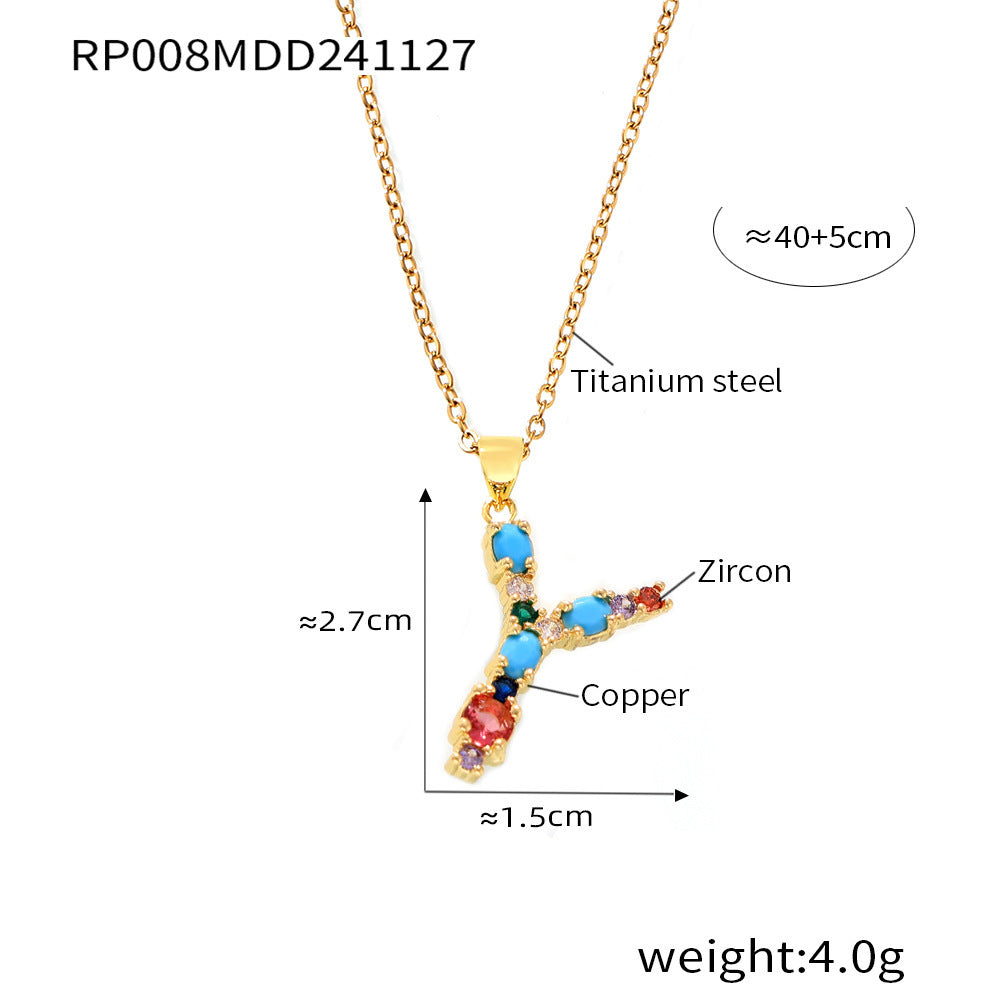 B廠-歐美跨境銅微鑲彩色鋯石26個英文字母個性吊墜小眾嘻哈鎖骨鏈現貨「RP008」24.12-2