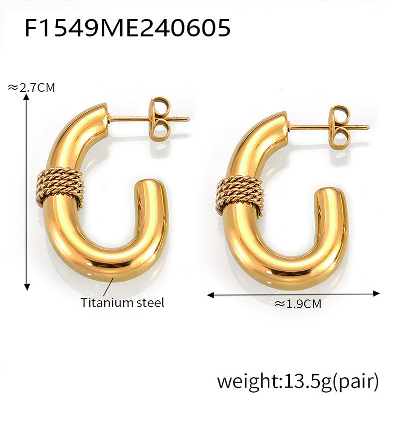 B廠-歐美INS網紅設計感耳飾鈦鋼鍍金麻花耳圈編織粗款U形耳環「F1549」24.06-2
