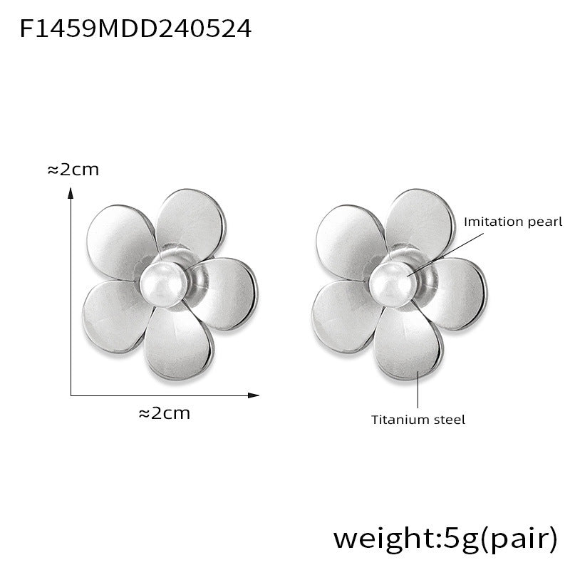 B廠-歐美時尚簡約輕奢鑲嵌貝珠花朵耳環女冷淡風小眾設計復古鈦鋼耳飾「F1459」24.05-5
