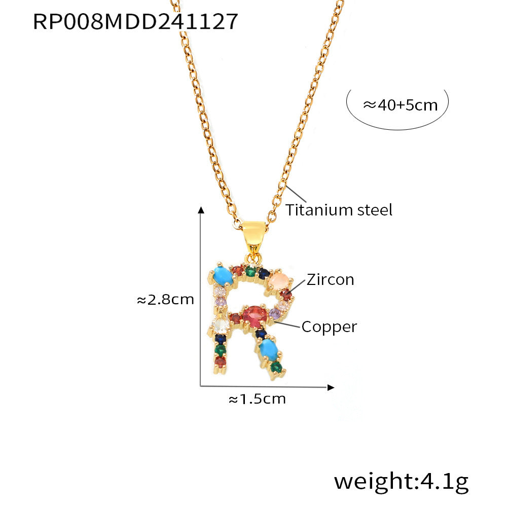 B廠-歐美跨境銅微鑲彩色鋯石26個英文字母個性吊墜小眾嘻哈鎖骨鏈現貨「RP008」24.12-2