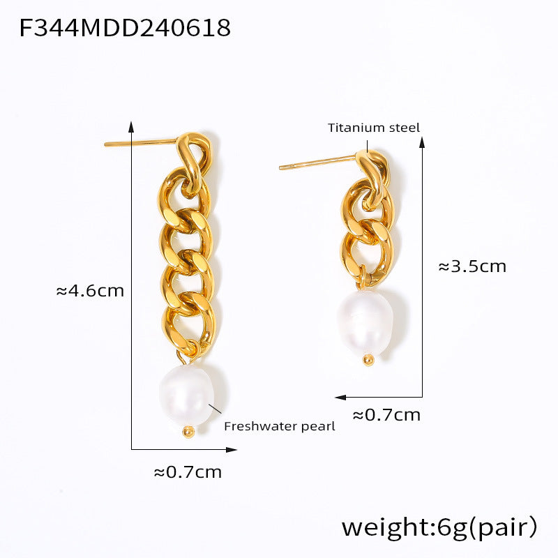 B廠-2024新款歐美長短鏈條流蘇耳釘優雅簡約氣質鈦鋼鍍金淡水珍珠耳環「F344」24.06-3
