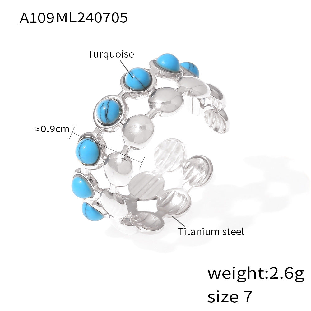 B廠-冷淡風ins個性質感金色綠松石拼接開口戒指網紅小眾簡約鈦鋼指環「A109」24.07-2