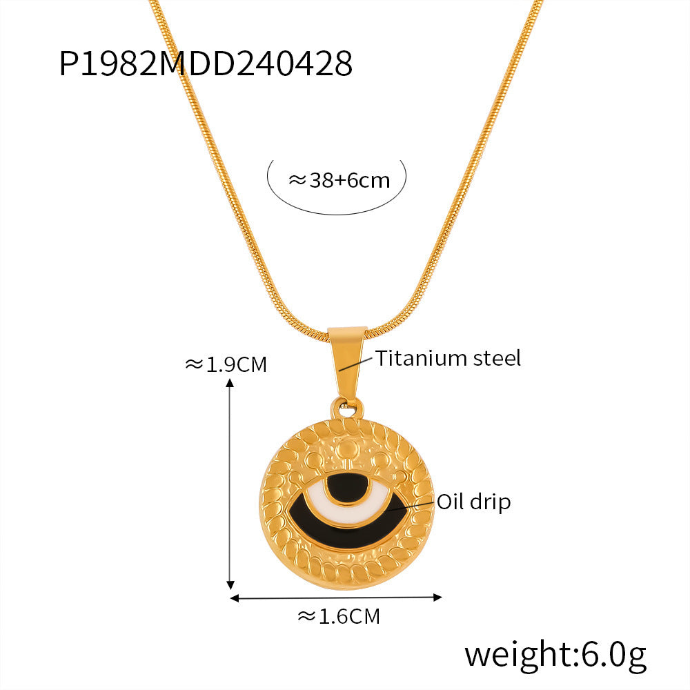 B廠-歐美時尚個性復古滴油眼睛鈦鋼項鍊女圓形設計惡魔之眼吊墜鎖骨鏈「P1982」24.05-1