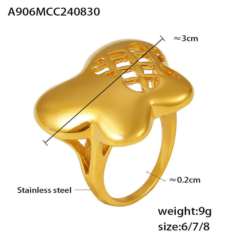 B廠-INS風設計感蝴蝶花鏤空格戒指不鏽鋼PVD鍍18K真金時尚個性手飾品「A906」24.09-1