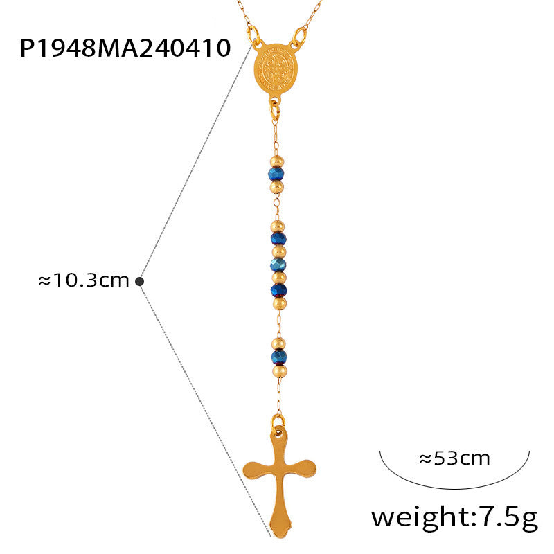 B廠-歐美熱銷小眾復古念珠十字架人像圓牌吊墜輕奢串珠貝珠鈦鋼項鍊女「P1945-8」24.04-3