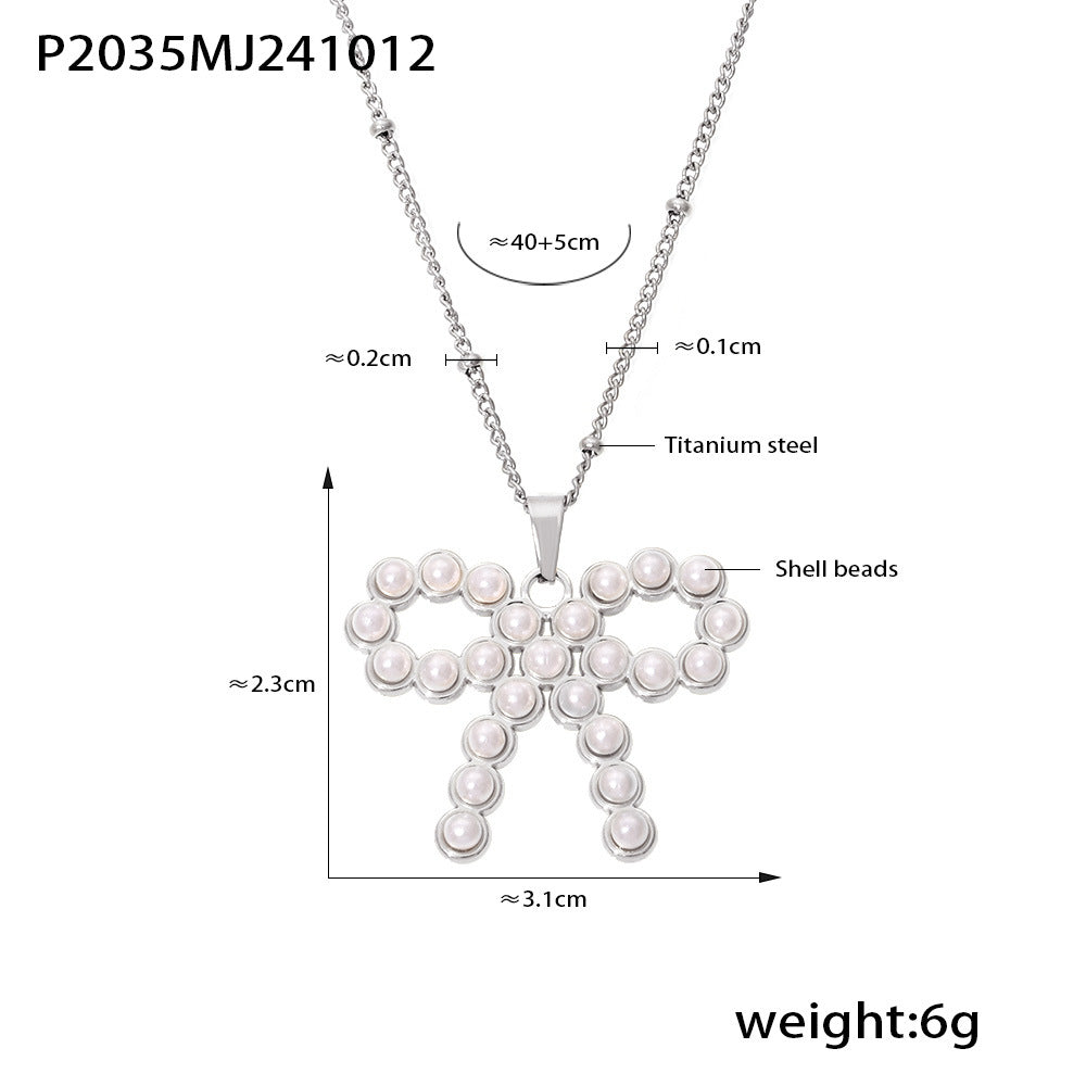 B廠-蝴蝶結施家貝珠鋯石鎖骨項鍊鈦鋼PVD電鍍真金不褪色飾品女「P2035」24.10-3