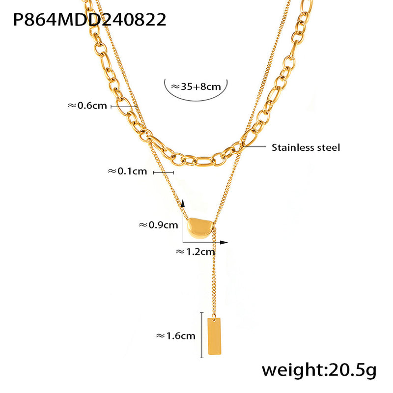 B廠-小眾設計感輕奢ins潮 相思豆吊墜不鏽鋼鍍18k真金方牌雙層項鍊女「P864」24.08-5