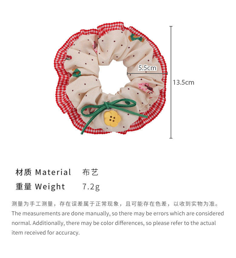 E廠-櫻桃小熊！森系花朵紐扣蕾絲邊大腸髮圈手作髮飾紅色髮繩顯白髮飾「25496」24.05-5