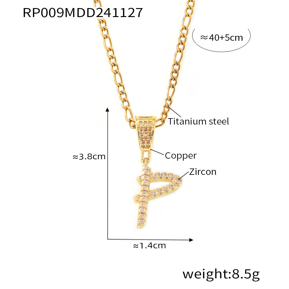 B廠-跨境歐美微鑲鋯石草體26字母吊墜項鍊嘻哈設計鈦鋼鍍金首飾批發潮「RP009」24.12-2