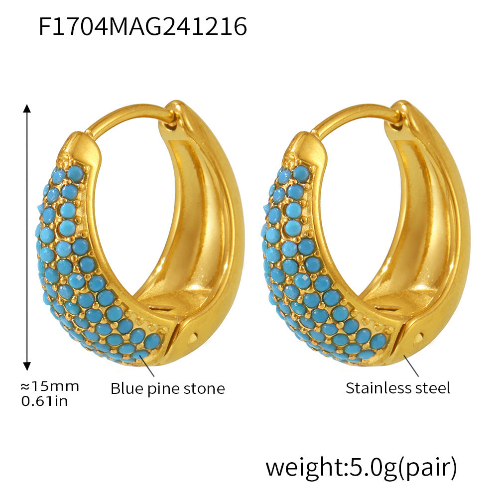 B廠-藍松石絢彩鋯石圓圈耳環氣質耳扣通勤耳飾不鏽鋼鍍18K真金「F1704」24.12-3