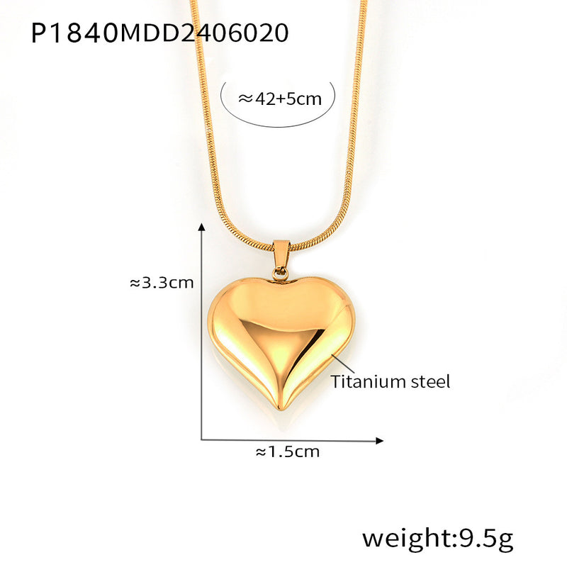 B廠-INS簡約光面愛心鈦鋼項鍊百搭輕奢心形空心吊墜蛇骨鏈鍍18k金頸鏈「P1840」24.06-4
