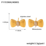 B廠-跨境新款愛心褶皺蝴蝶結微鑲鑽玻璃石耳釘簡約氣質不鏽鋼鍍金耳飾「F1191-F1192-F1193」24.08-2
