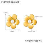 B廠-歐美時尚簡約輕奢鑲嵌貝珠花朵耳環女冷淡風小眾設計復古鈦鋼耳飾「F1459」24.05-5