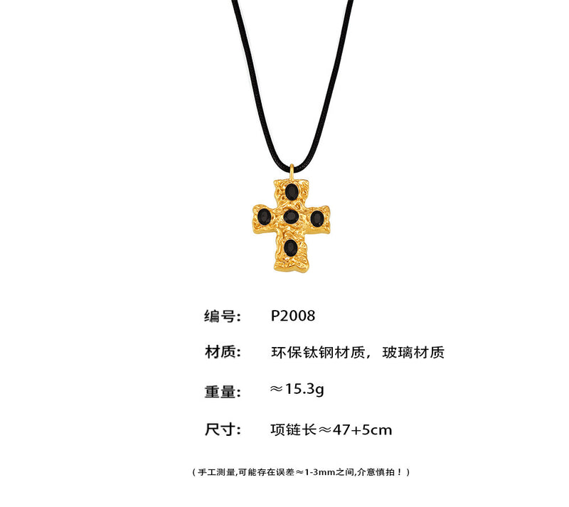 B廠-歐美跨境捶打紋玻璃十字架黑繩項鍊鈦鋼18K Gold Plated  PVD項飾「P2008」24.09-3